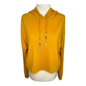 NEW Allysse‎ Women’s Large Mustard Cropped Hoodie Beaded Drawstrings Size Large